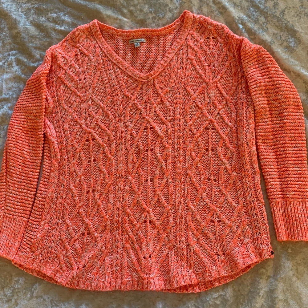 American Eagle Outfitters Bright Orange/White V-Neck Sweater.